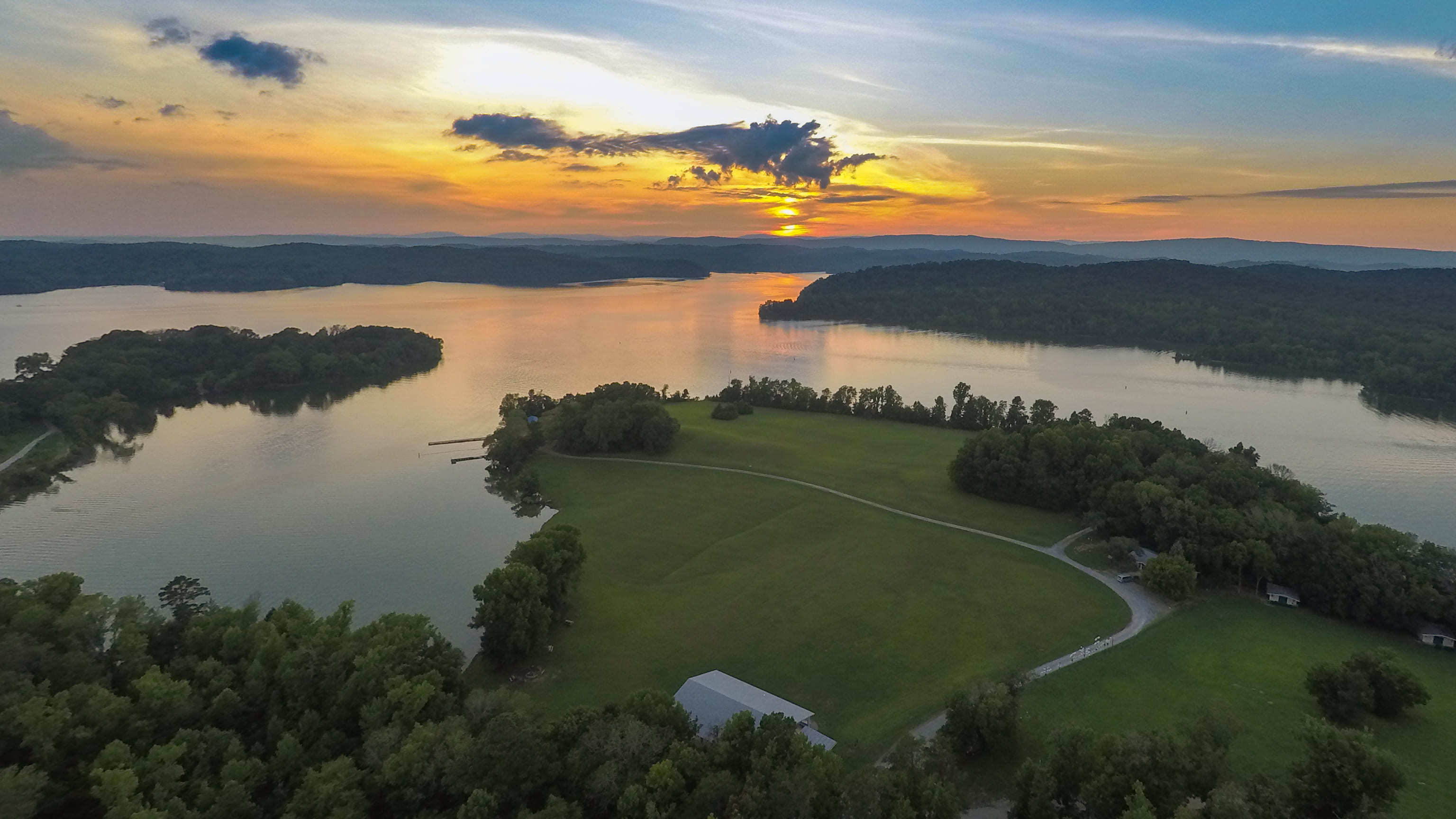 Aerial image of Bar Lake at dawn at East Tennessee.